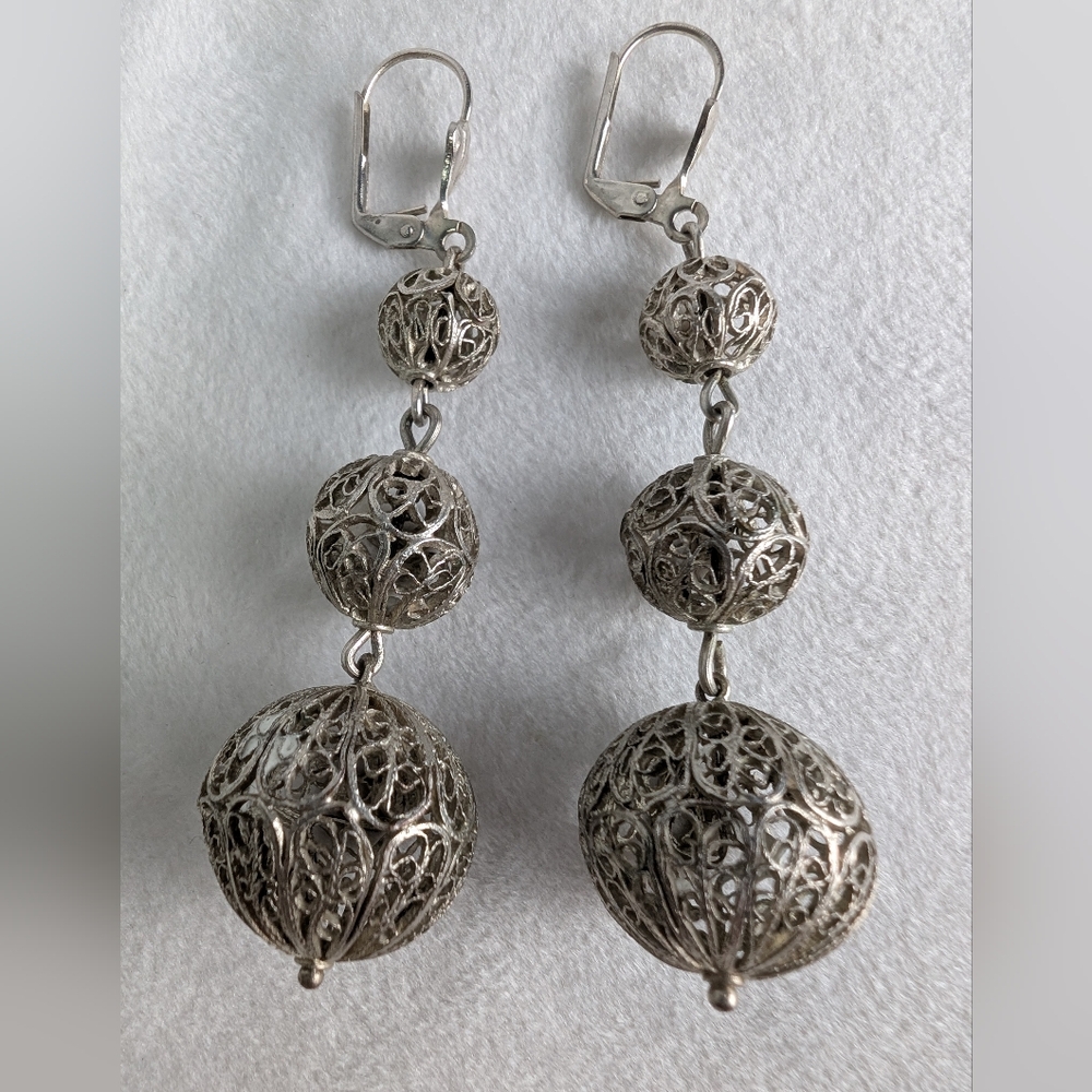 ☘️Vintage Elegant Silver Colored Filigree Drop Earrings From Spain